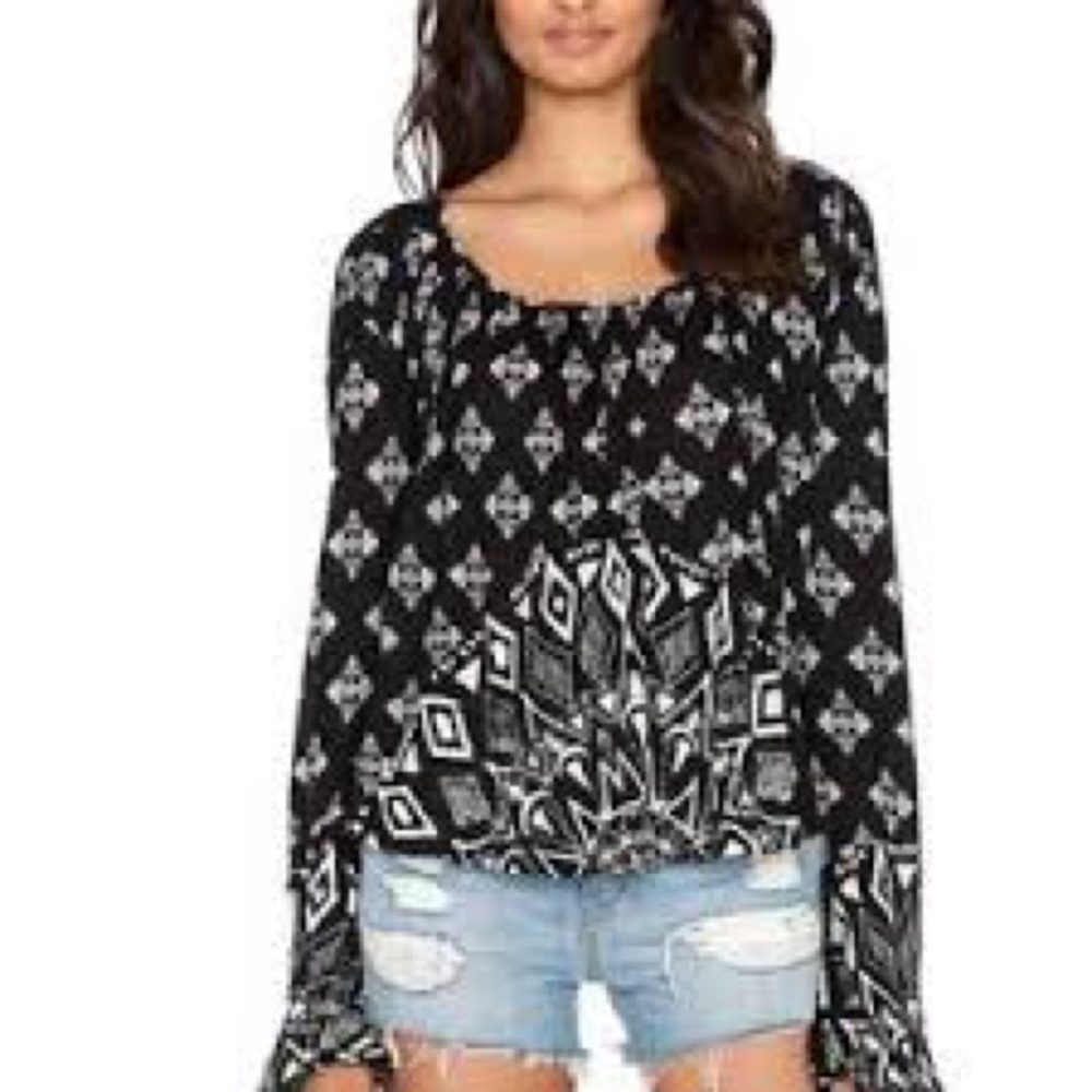 Free People Black and White Geometric Blouse